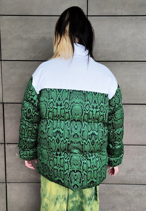 Snake print bomber python puffer rave jacket in green white