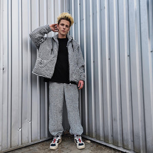 Geometric fleece jacket hooded fluffy bomber luxury striped coat detachable sleeves handmade removable sleeves overcoat fuzzy festival set