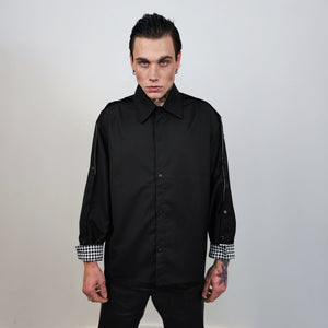 Checked utility shirt split sleeve gothic top unusual catwalk blouse punk rocker jumper gingham sleeves pullover button up shirt in black