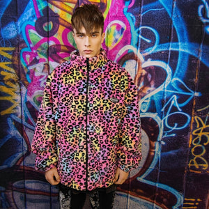 Leopard fleece jacket fluffy rainbow track jacket faux fur animal print bomber festival jacket rainbow coat pride jacket in pink purple