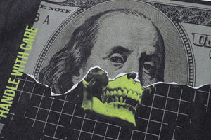 Psychedelic punk t-shirt money slogan tee creepy skull top in vintage grey