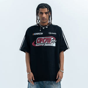 Racing t-shirt motorsports tee y2k sports top striped jumper in black