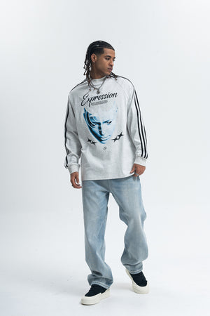 Psychedelic jumper long sleeve cybepunk top alien print t-shirt grunge striped pullover in black