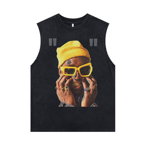 Cyberpunk sleeveless t-shirt catalyst slogan surfer vest 00s psychelic tank top in acid wash black