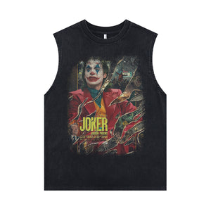 Joker sleeveless t-shirt vintage movie vest 00s retro clown print tank top in acid wash black
