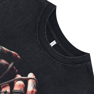 Tattoo print sleeveless t-shirt saint slogan surfer vest 00s hip-hop tank top in acid wash black