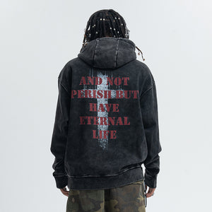 Saint print hoodie vintage wash religion jumper grunge retro pullover in acid grey