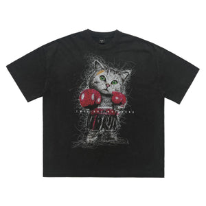 Boxer t-shirt kitten print top cat tee grunge jumper in black