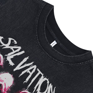 Salvation slogan sleeveless t-shirt creepy gothic surfer vest horror angel tank top in acid wash black