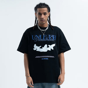 White doves t-shirt bird print top freedom slogan tee in black