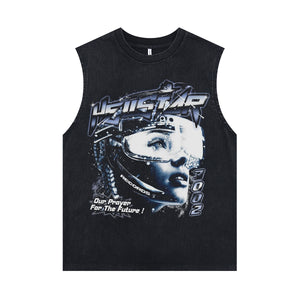 Cyberpunk sleeveless t-shirt vintage slogan vest hellstar tank top in acid wash black