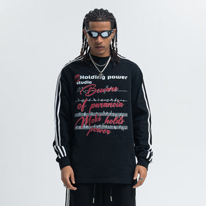 Paranoia slogan jumper long sleeve striped top music notes print retro t-shirt in black