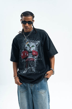 Boxer t-shirt kitten print top cat tee grunge jumper in black