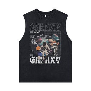 Galaxy slogan sleeveless t-shirt astronaut print surfer vest 00s space cartoon tank top in acid wash black
