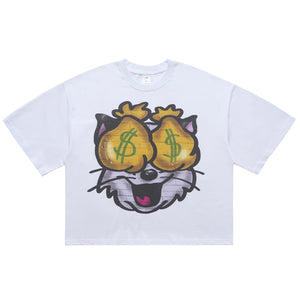 Money t-shirt cat cartoon top retro gangster tee in white