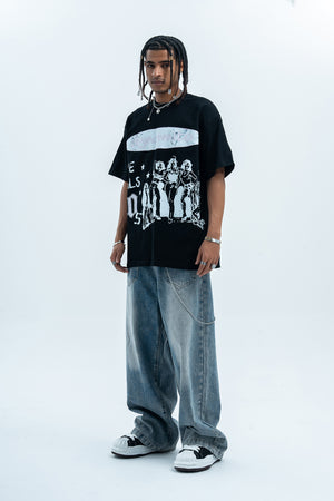 Flame print t-shirt retro cartoon top graffiti tee 90s jumper in black