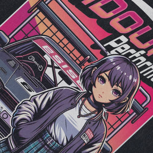 Japanese cartoon sleeveless t-shirt retro anime surfer vest racing car tank top in acid wash black