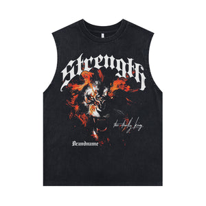 Lion print sleeveless t-shirt animal cartoon surfer vest 90s strenght slogan tank top in acid wash black