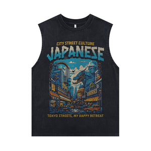 Japanese monster sleeveless t-shirt Tokyo surfer vest 80s Godzilla tank top in acid wash black