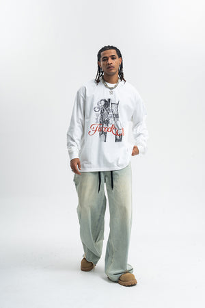 Fuck off slogan jumper pinup girl print top long sleeve retro grunge t-shirt in brown