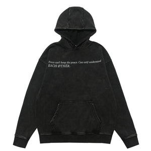 Peace slogan hoodie vintage wash anti war pullover retro jumper in acid grey