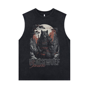 Samurai print sleeveless t-shirt wolf cartoon surfer vest retro cartoon slogan tank top in acid wash black