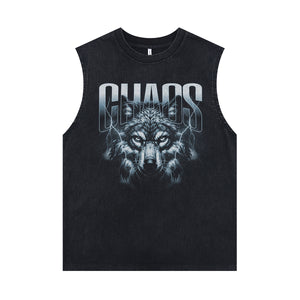 Wolf print sleeveless t-shirt animal cartoon surfer vest chaos slogan tank top in acid wash black