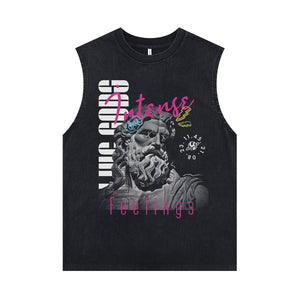 Greek god print sleeveless t-shirt retro poster surfer vest pop art tank top in acid wash black