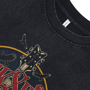 Guitar print sleeveless t-shirt 80s rocker surfer vest metalcore tank top in acid wash black