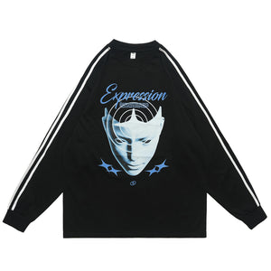 Psychedelic jumper long sleeve cybepunk top alien print t-shirt grunge striped pullover in black