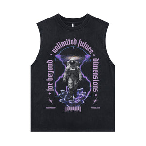 Thunder print sleeveless t-shirt psychedelic spaceman poster surfer vest astronaut tank top in acid wash black