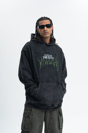 Thunder print hoodie cyberpunk pullover city slogan jumper in acid vintage grey