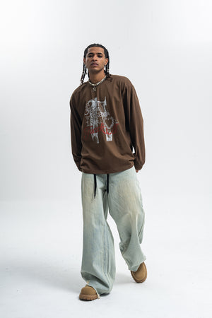 Fuck off slogan jumper pinup girl print top long sleeve retro grunge t-shirt in brown