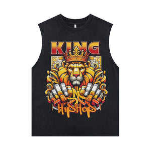 Hip-hop king sleeveless t-shirt retro lion print surfer vest gangster rapper tank top in acid wash black