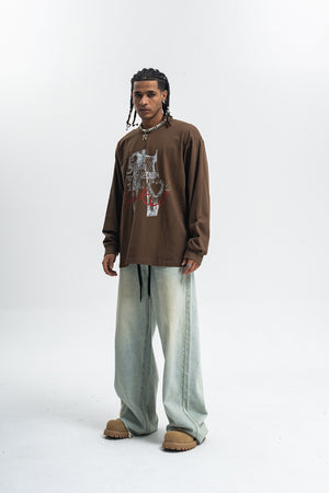 Fuck off slogan jumper pinup girl print top long sleeve retro grunge t-shirt in brown