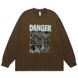 Danger slogan jumper skull print top 90s gothic poster long sleeve t-shirt in brown