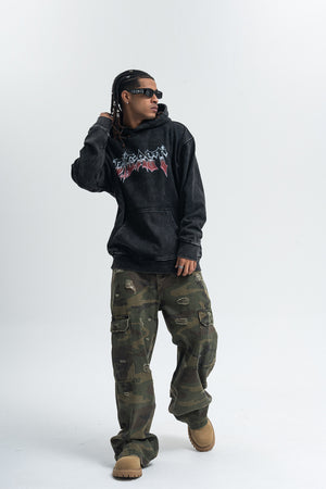 Beast slogan hoodie vintage wash pullover retro hip-hop jumper in acid grey