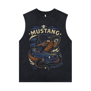 Mustang car sleeveless t-shirt cobra print surfer vest retro poster tank top in acid wash black