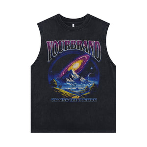 Landcape print sleeveless t-shirt retro psychedelic surfer vest 80s fantasy tank top in acid wash black