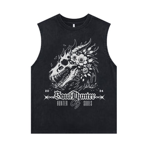 Fossil bones sleeveless t-shirt gothic skull print surfer vest 00s creepy tank top in acid wash black