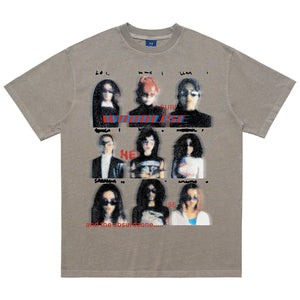 Psychedelic t-shirt girl print top blurry glitchy tee in grey