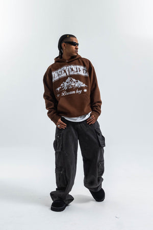 Dream boy slogan hoodie mountain print pullover retro landcape poster jumper in brown