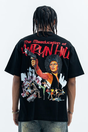 Retro movie t-shirt old cartoon top pistol print tee hip-hop jumper in Black