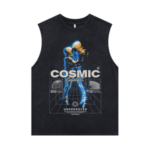 Cosmic slogan sleeveless t-shirt psychedelic astronaut poster surfer vest spaceman tank top in acid wash black
