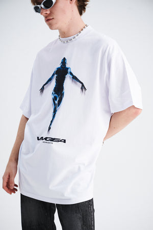 Cyber human t-shirt psychedelic top futuristic tee in white