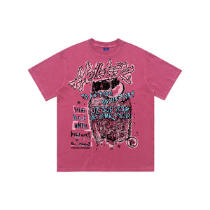 Hell slogan t-shirt grunge graffiti tee cross print top in Pink
