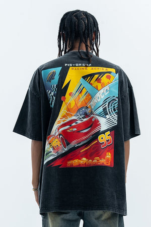 Racing car t-shirt retro cartoon top motorsports tee in Grey