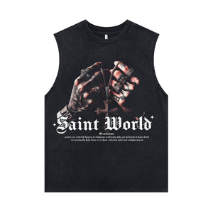 Tattoo print sleeveless t-shirt saint slogan surfer vest 00s hip-hop tank top in acid wash black