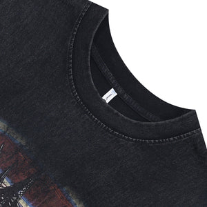 Cute girl sleeveless t-shirt anime cartoon surfer vest 00s grunge Manga tank top in acid wash black