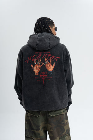 Palm print hoodie vintage hip-hop pullover retro gangster top tattoo print jumper in acid grey